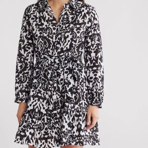 Ellen Tracy Black & White Shirt Dress Long Sleeve Button Down Tie Waist Medium